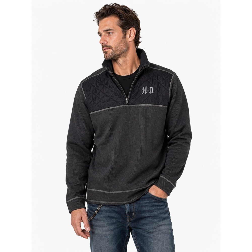 Harley Davidson Mens XL Quarter Zip Pullover Black Gray Quilted Biker Y2K